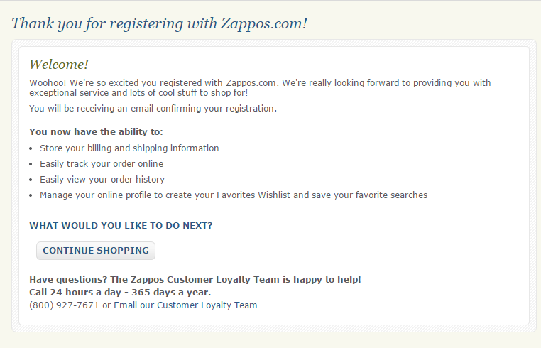 Zappos官网注册成功页面