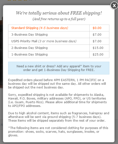 Zappos官网详细运费政策